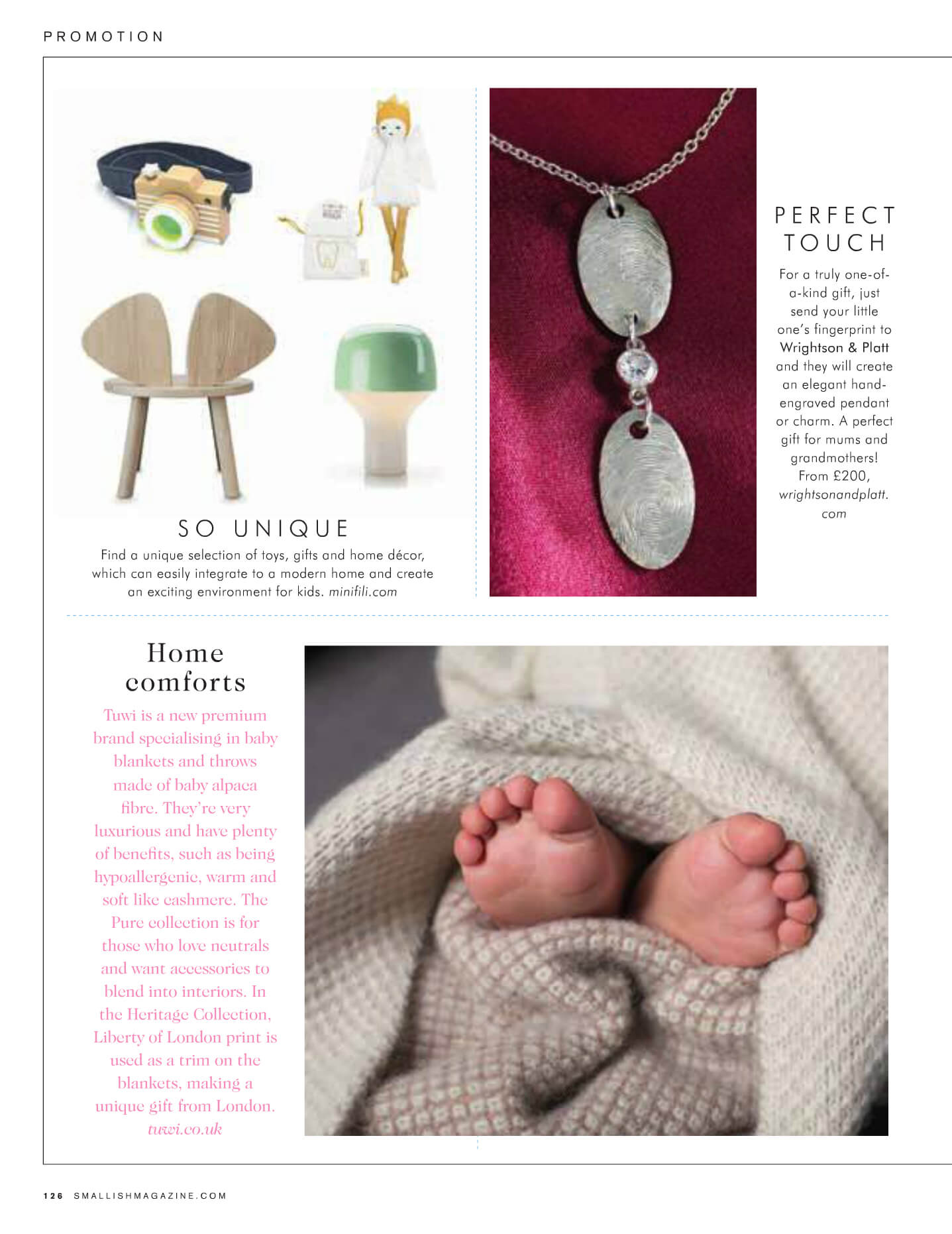 Smallish magazine March 2018 featuring Tuwi promotion article photo of blanket with baby feet